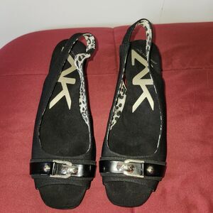 AK Anne Klein Women Size 6.5 M Sport Perfered Black Open Toe Wedge shoes